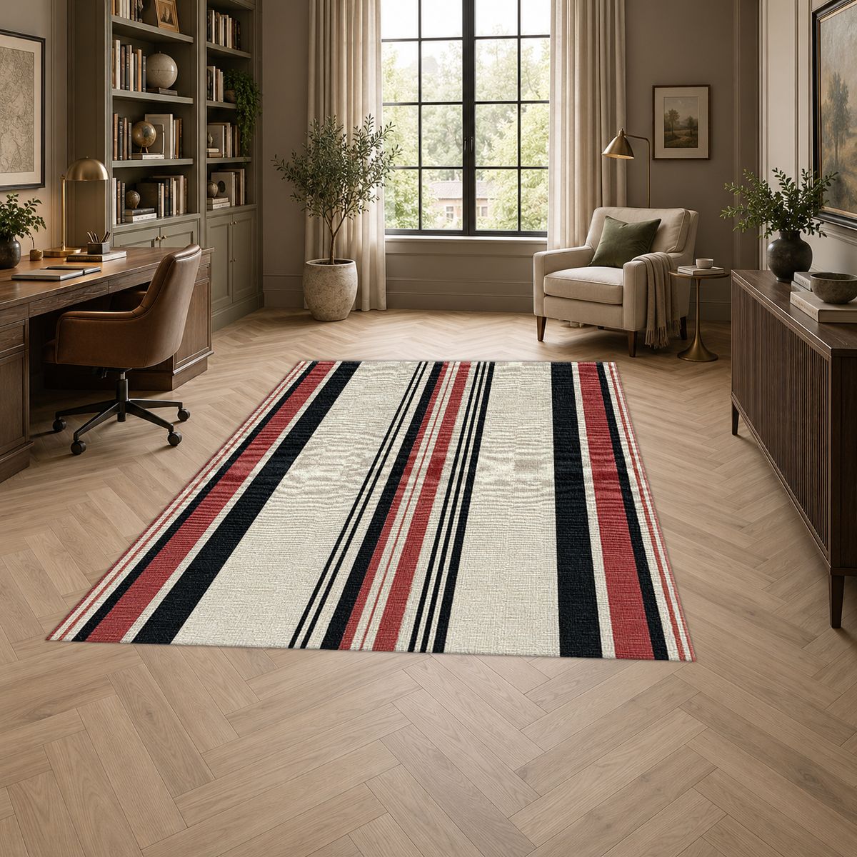 Cream Red and Black Striped printed area rug