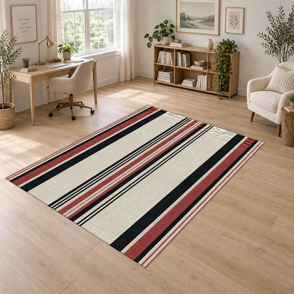 Cream Red and Black Striped printed area rug