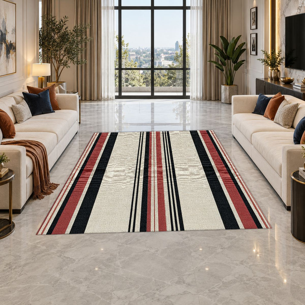 Cream Red and Black Striped printed area rug