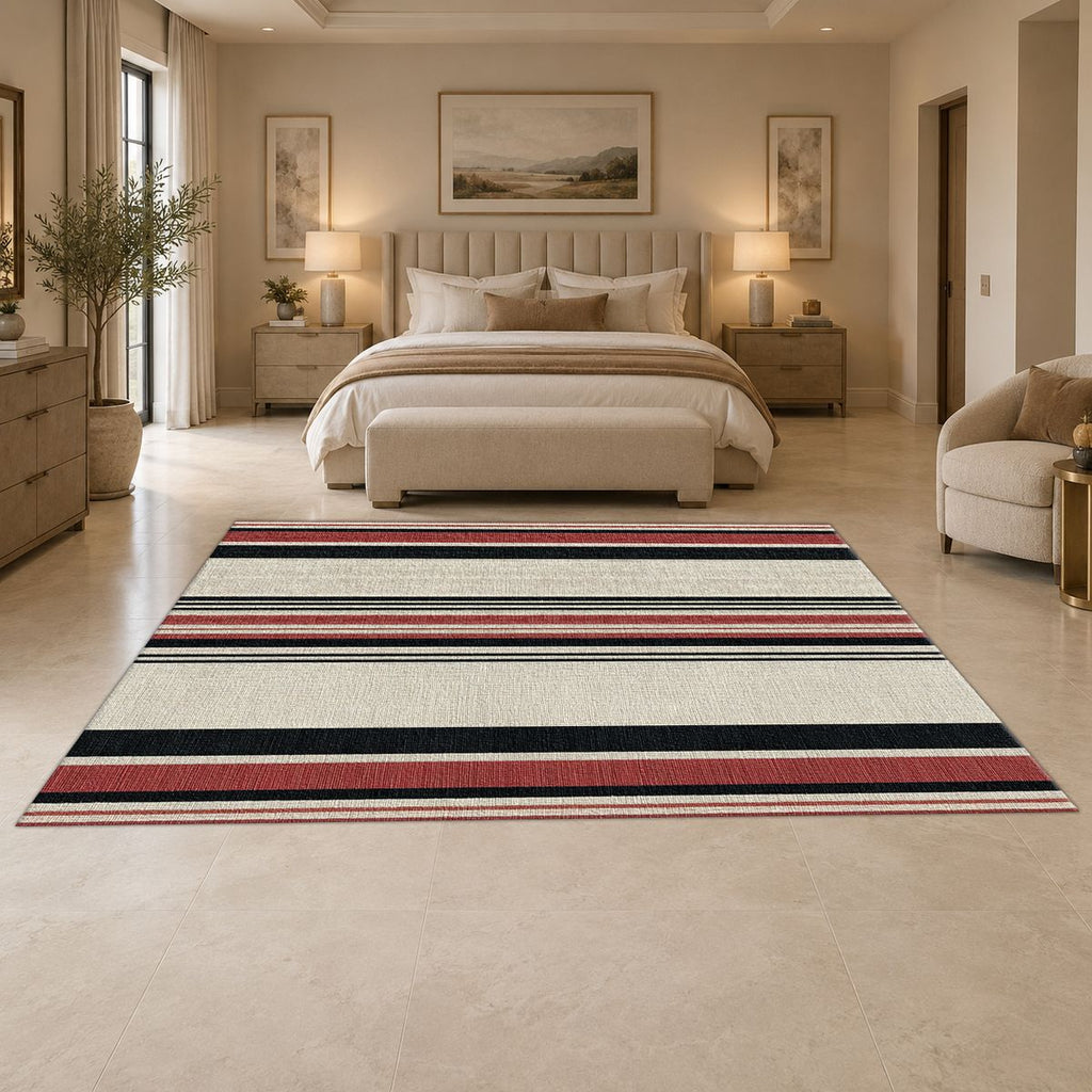 Cream Red and Black Striped printed area rug