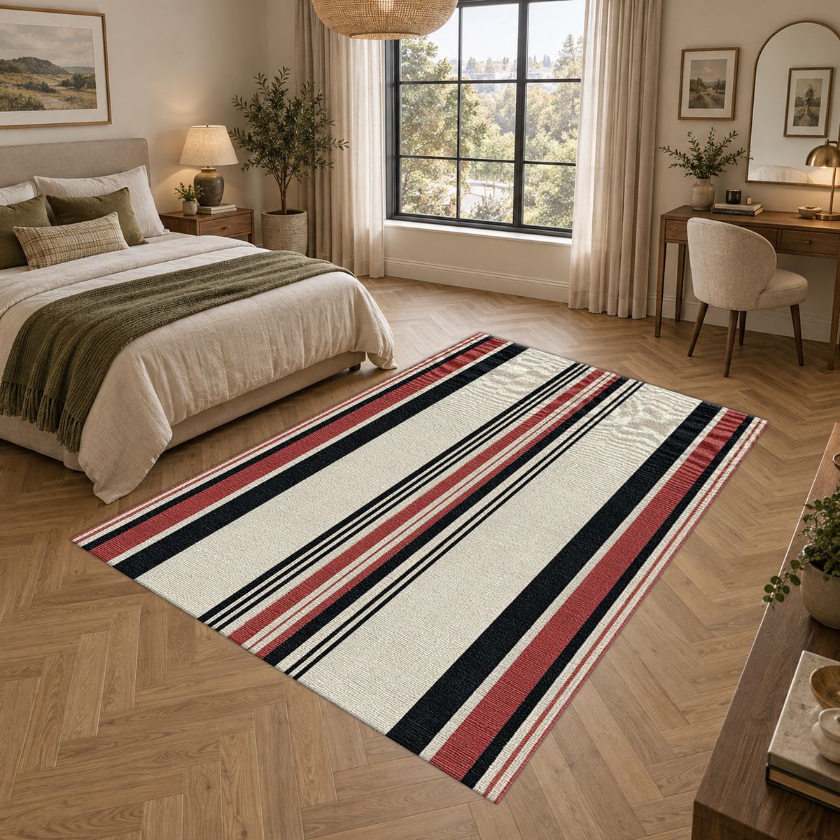 Cream Red and Black Striped printed area rug