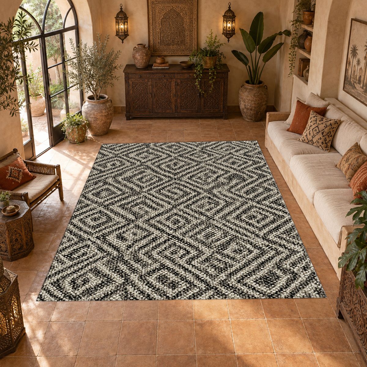 Black and White Geometric Maze printed area rug