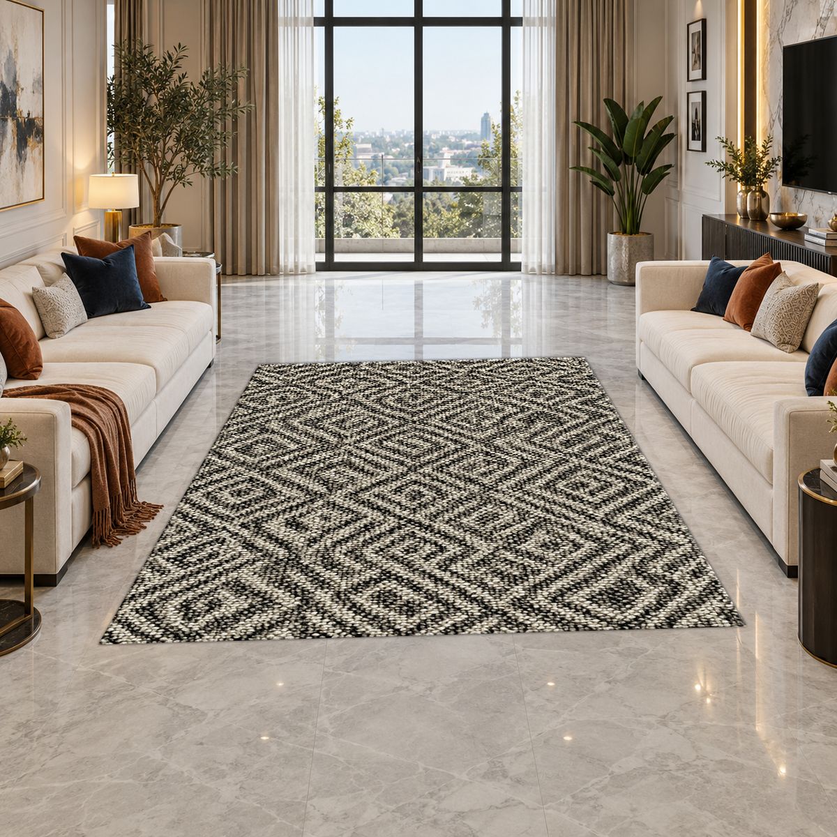 Black and White Geometric Maze printed area rug