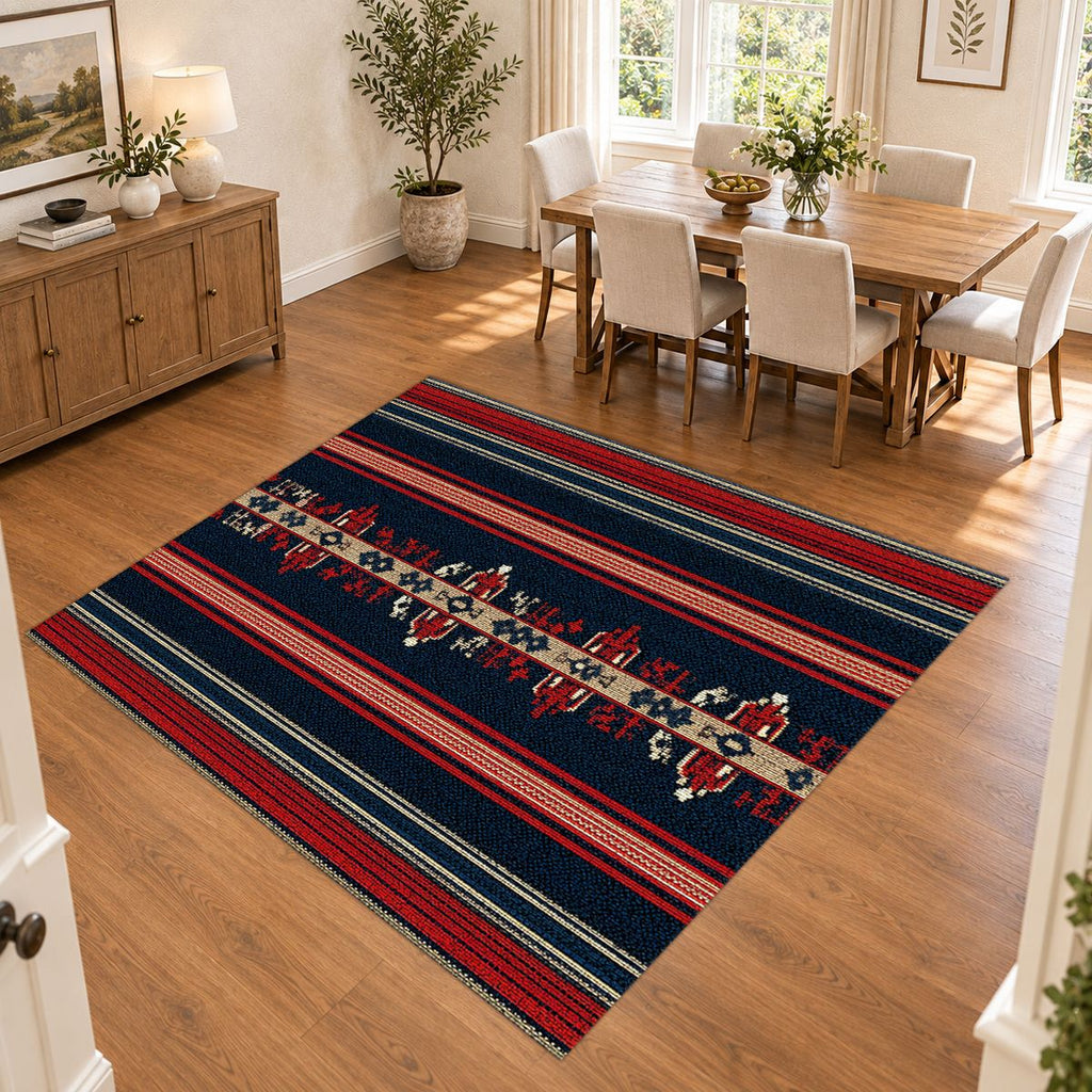 Navy and Red Striped Ethnic Runner printed area rug