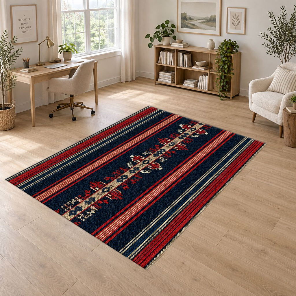 Navy and Red Striped Ethnic Runner printed area rug