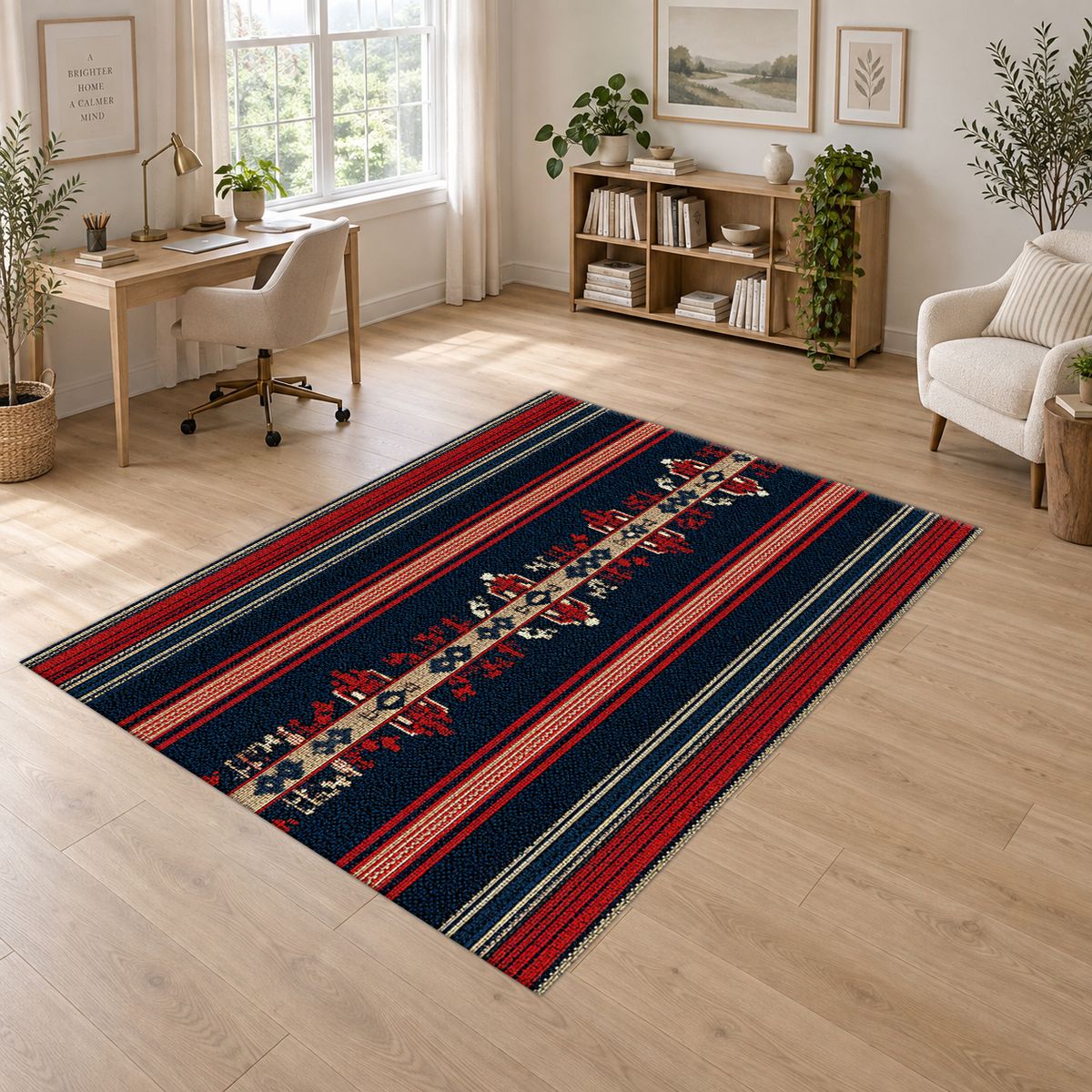 Navy and Red Striped Ethnic Runner printed area rug