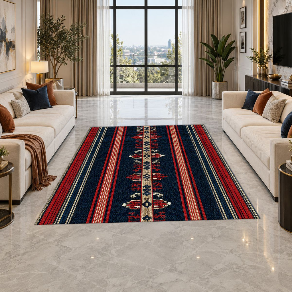 Navy and Red Striped Ethnic Runner printed area rug