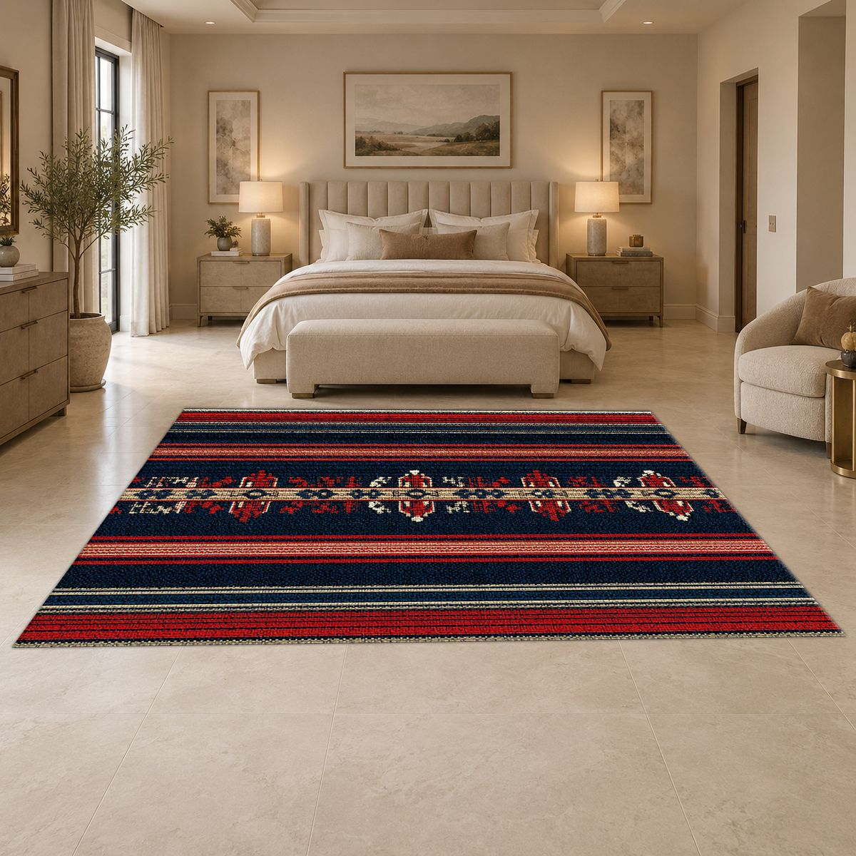Navy and Red Striped Ethnic Runner printed area rug