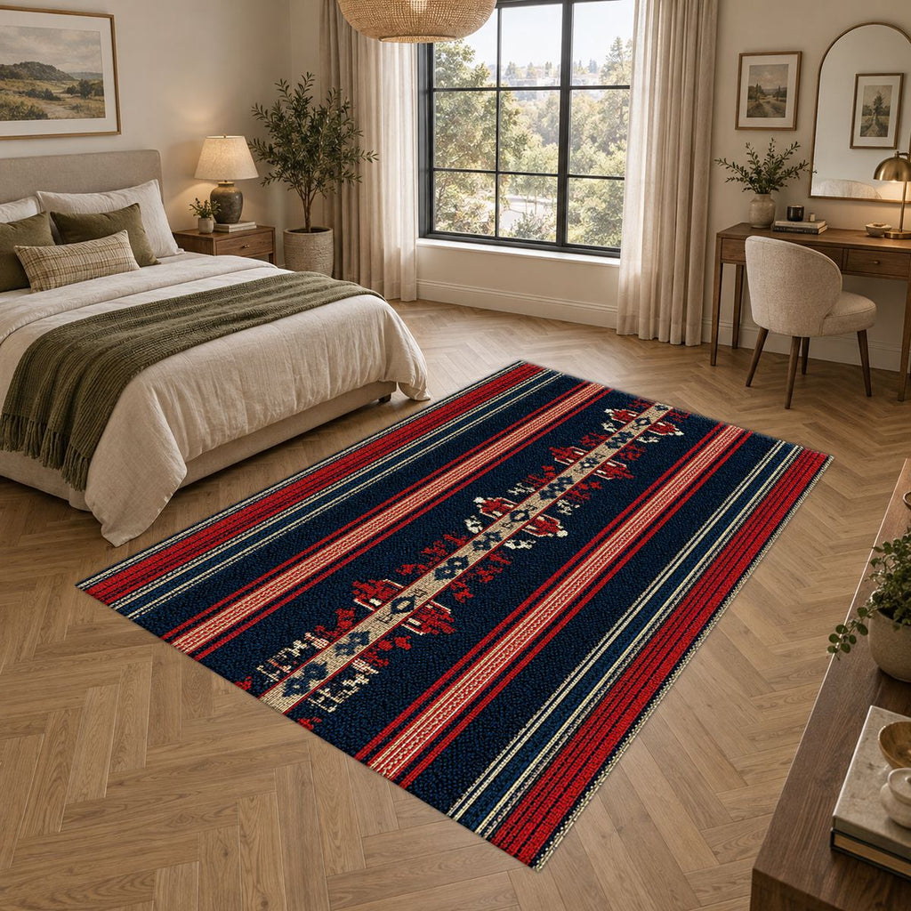 Navy and Red Striped Ethnic Runner printed area rug