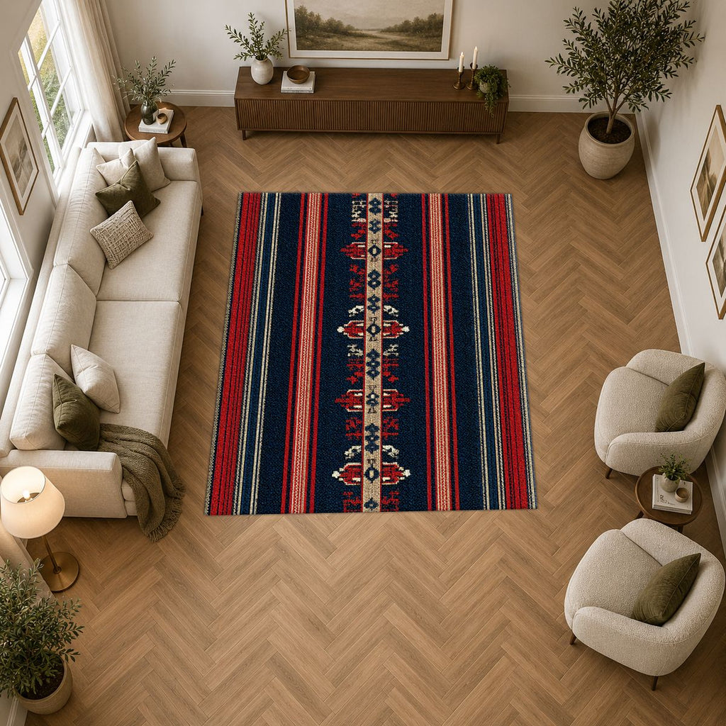 Navy and Red Striped Ethnic Runner printed area rug