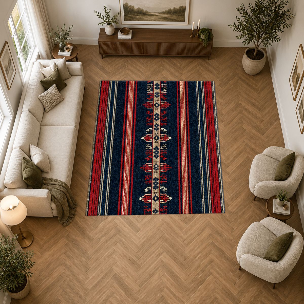 Navy and Red Striped Ethnic Runner printed area rug
