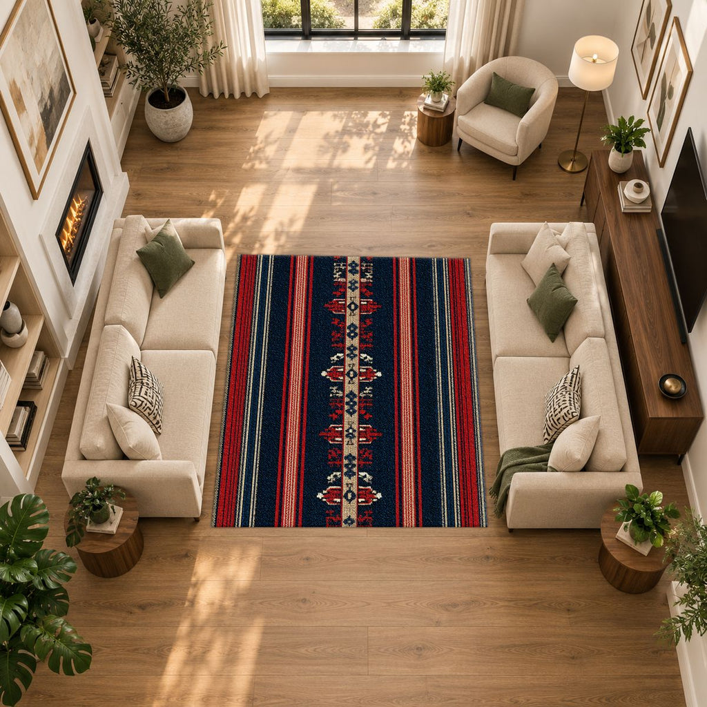 Navy and Red Striped Ethnic Runner printed area rug