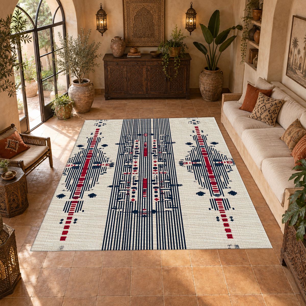 Cream Navy and Red Tribal Motif printed area rug