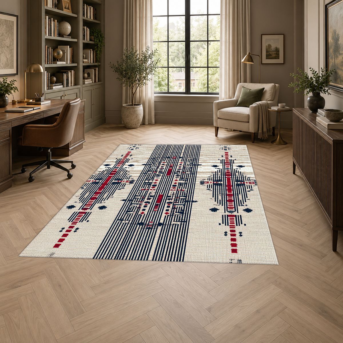 Cream Navy and Red Tribal Motif printed area rug