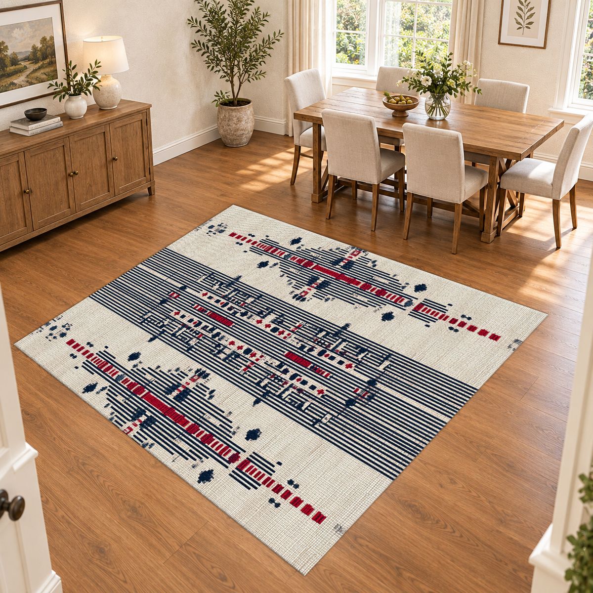 Cream Navy and Red Tribal Motif printed area rug