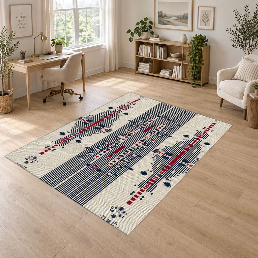 Cream Navy and Red Tribal Motif printed area rug