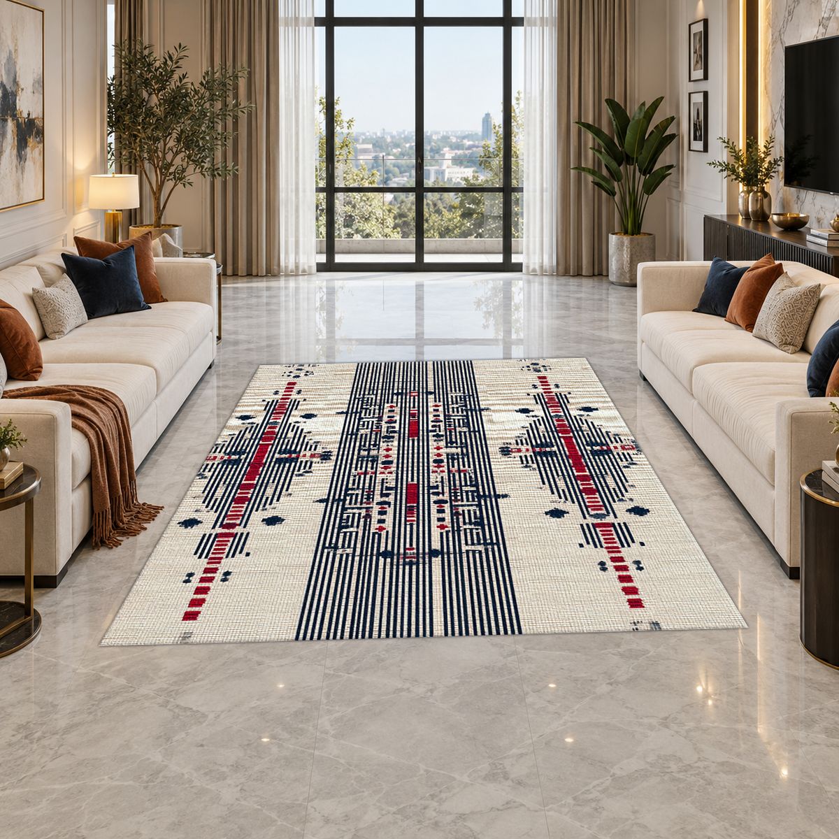 Cream Navy and Red Tribal Motif printed area rug