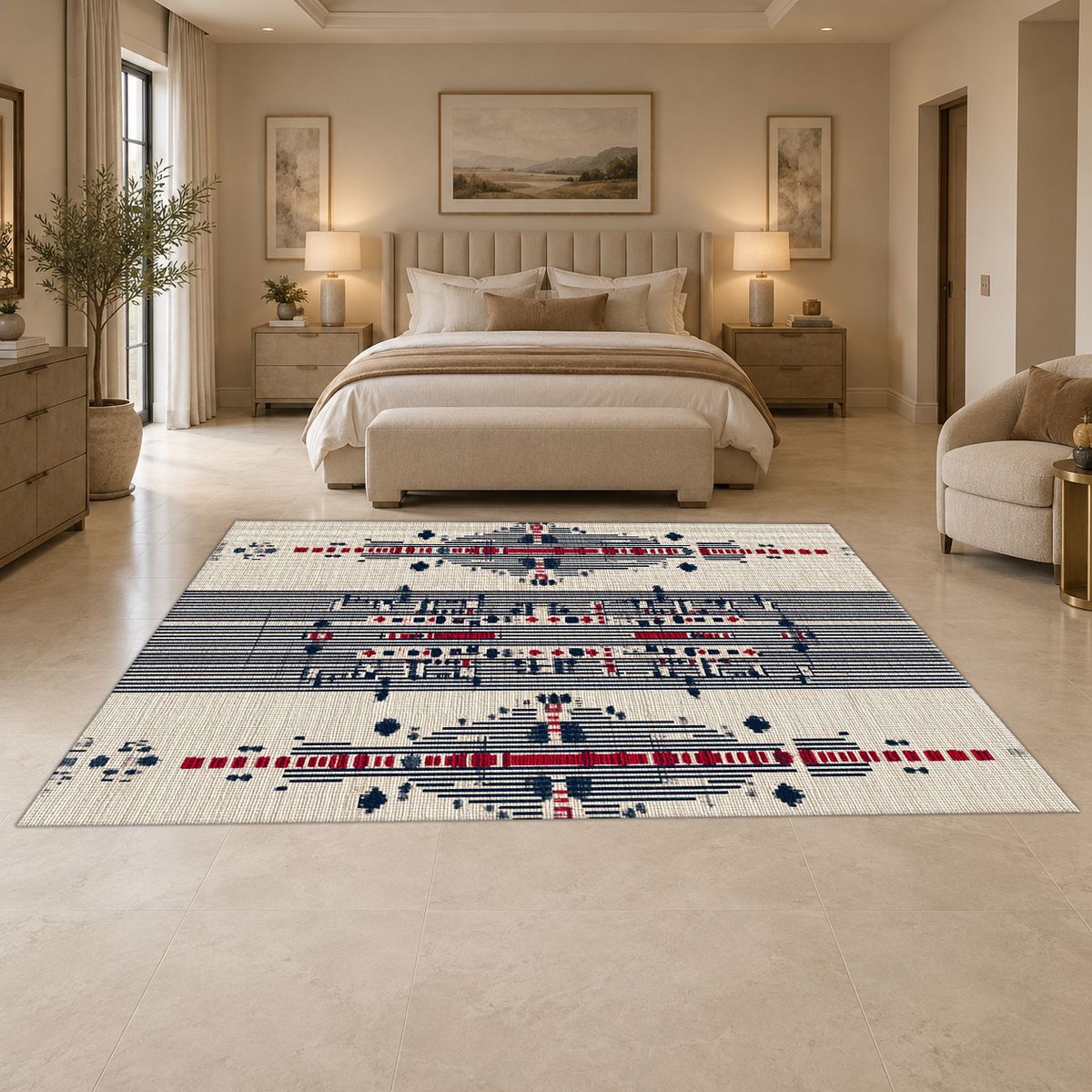 Cream Navy and Red Tribal Motif printed area rug