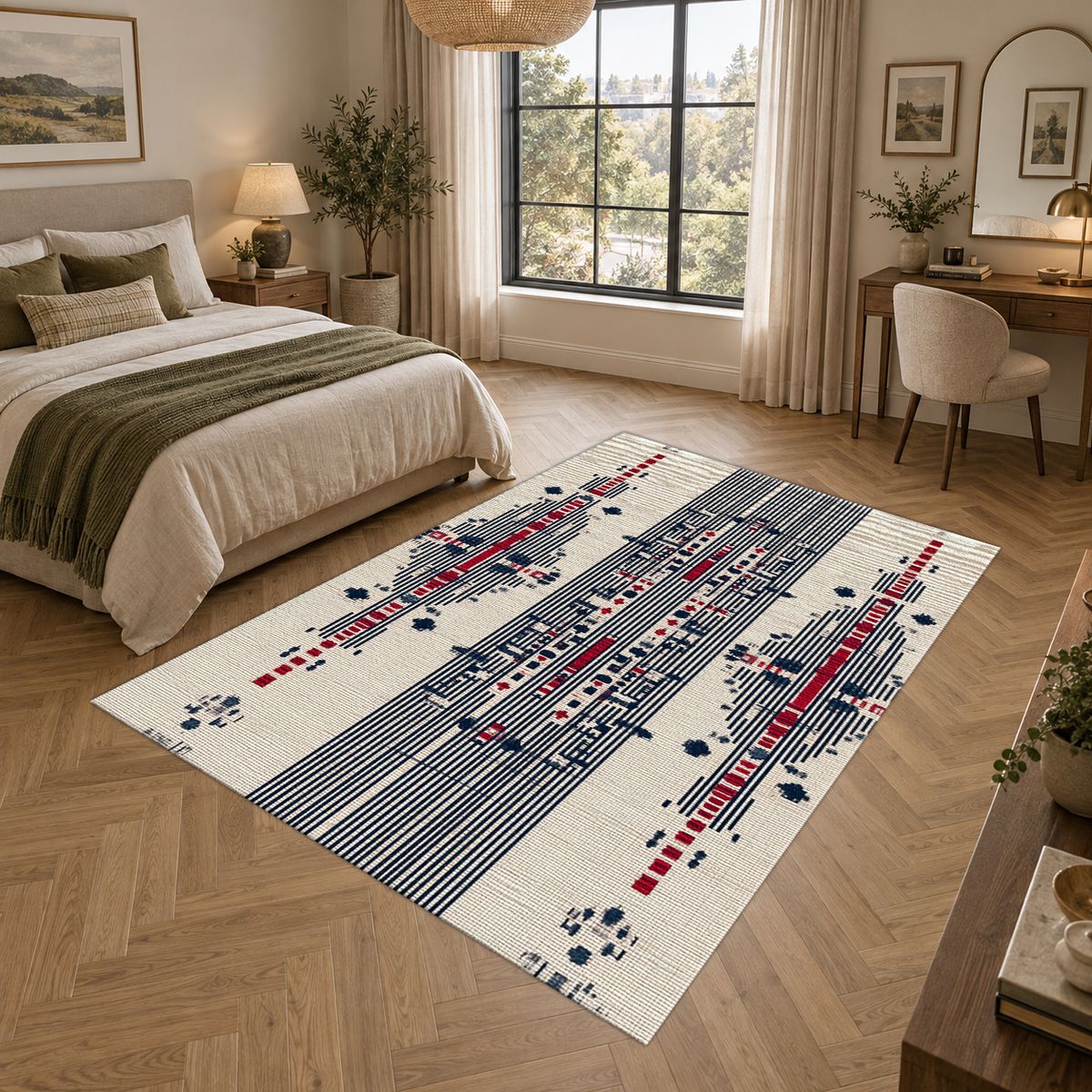 Cream Navy and Red Tribal Motif printed area rug