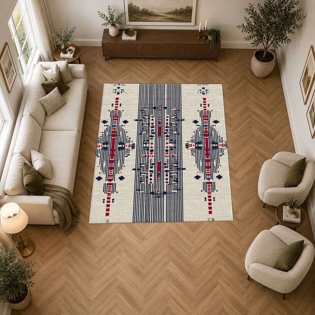 Cream Navy and Red Tribal Motif printed area rug