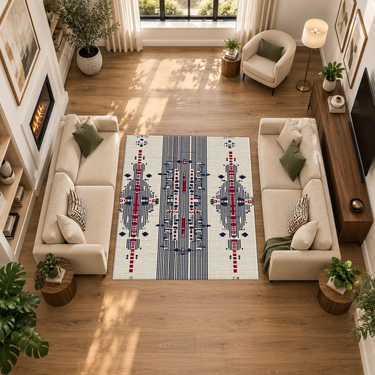 Cream Navy and Red Tribal Motif printed area rug