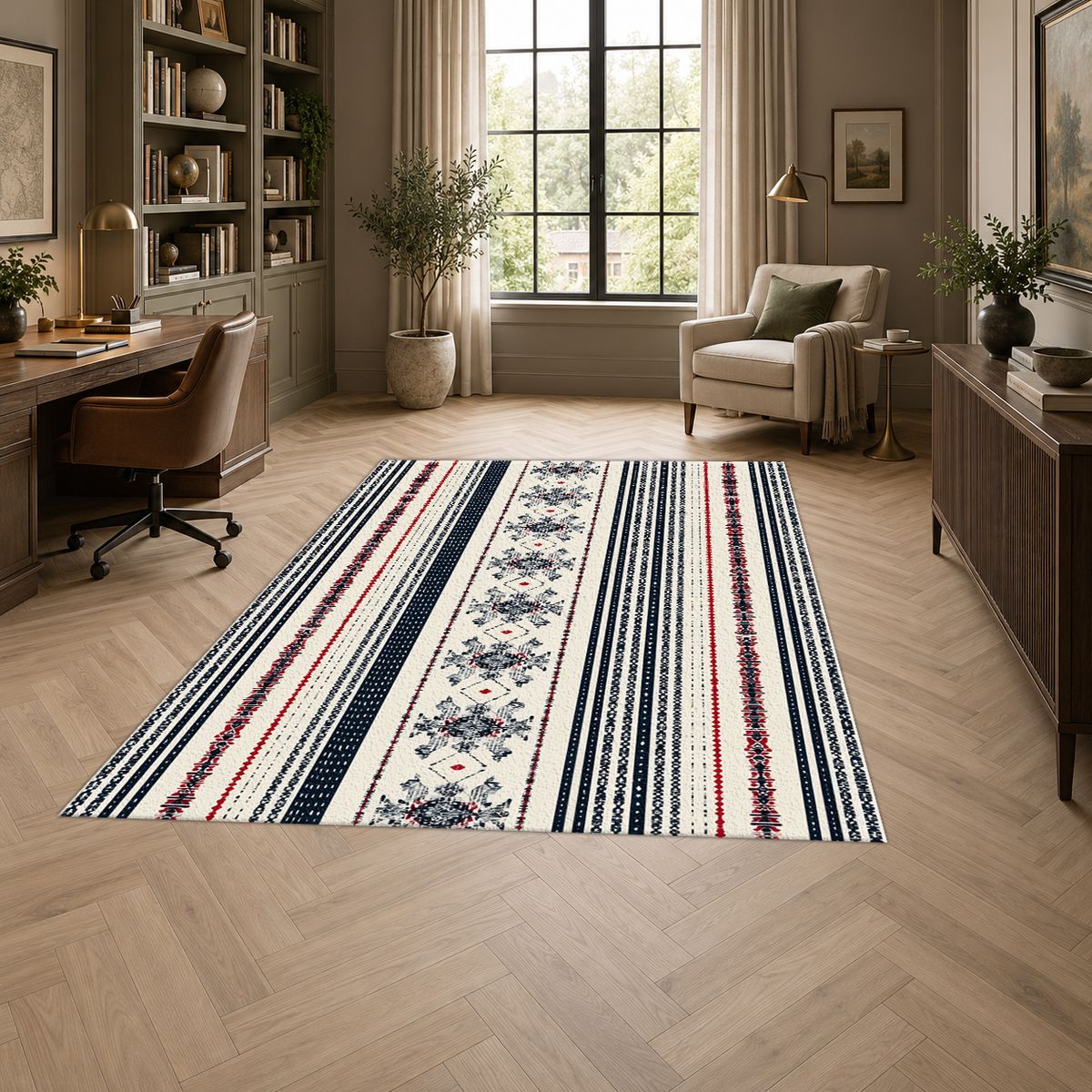 Navy and White Striped Folk printed area rug