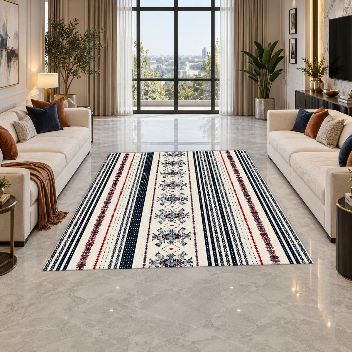Navy and White Striped Folk printed area rug