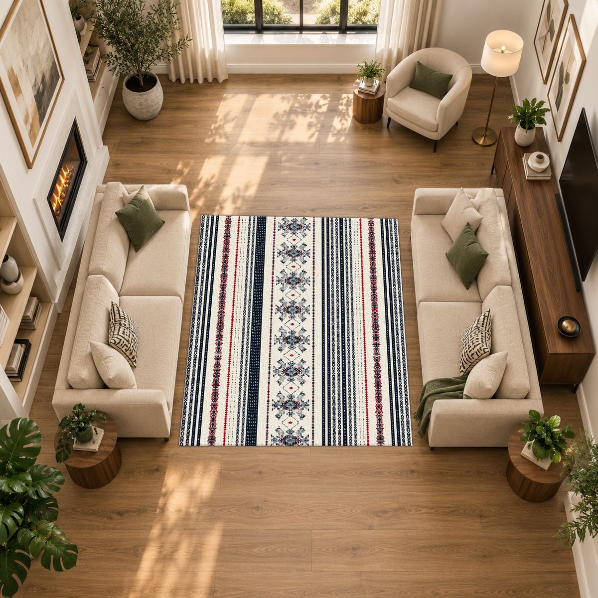 Navy and White Striped Folk printed area rug