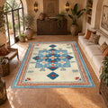 Light Blue and Cream Anatolian Kilim printed area rug