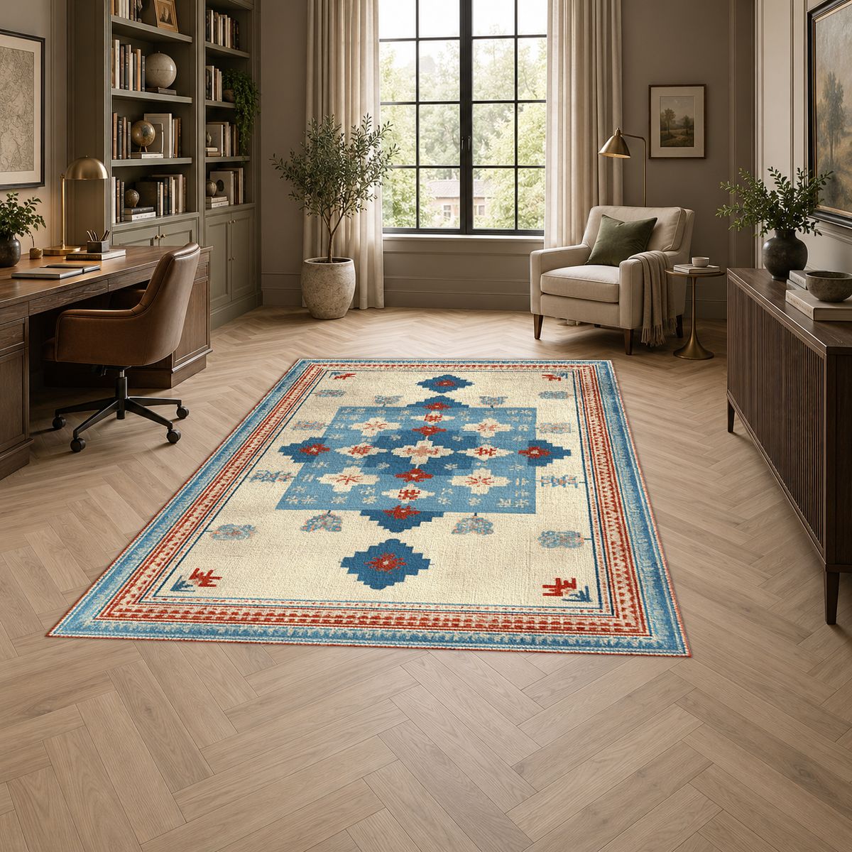 Light Blue and Cream Anatolian Kilim printed area rug