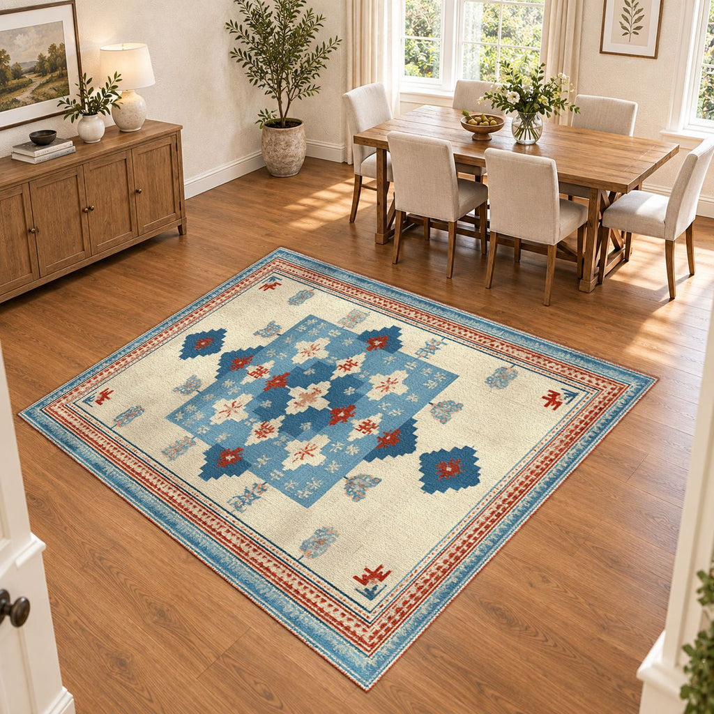 Light Blue and Cream Anatolian Kilim printed area rug