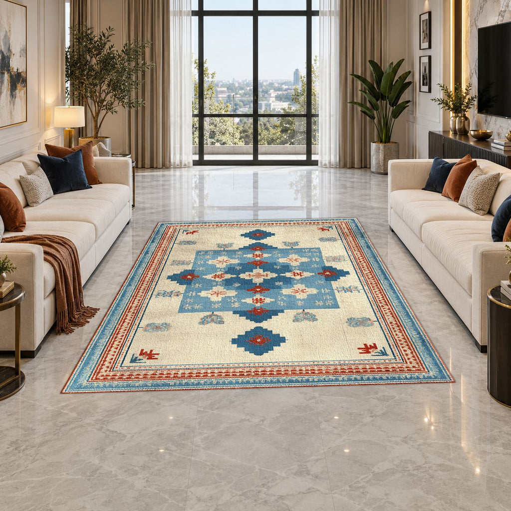 Light Blue and Cream Anatolian Kilim printed area rug