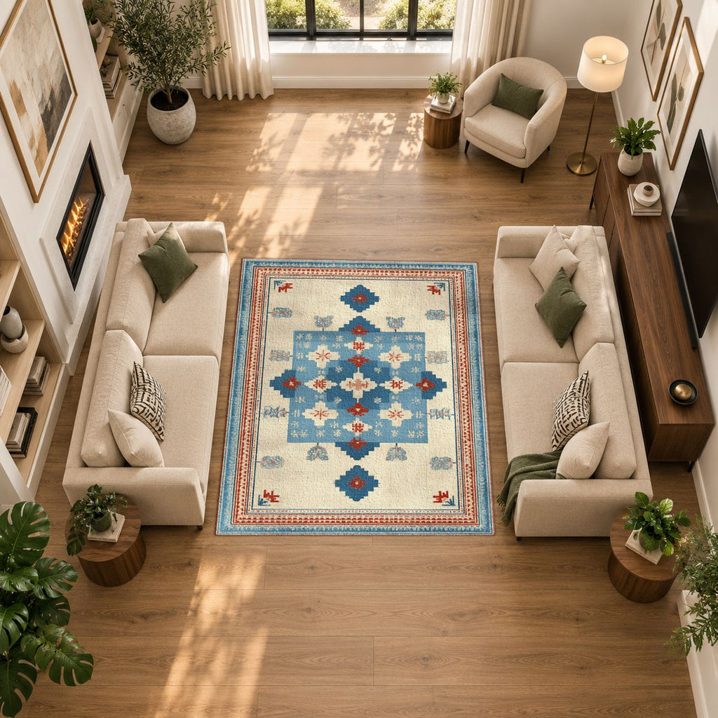 Light Blue and Cream Anatolian Kilim printed area rug