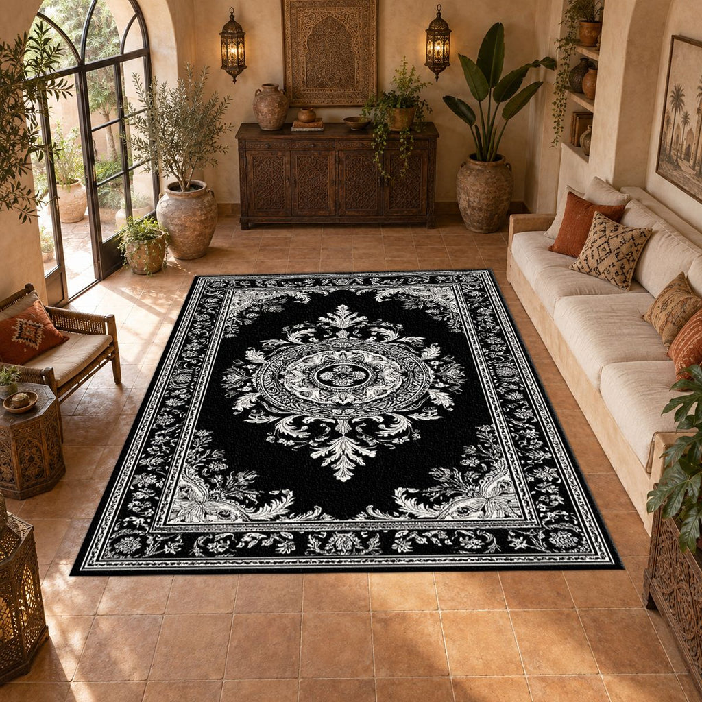 Black and White Damask Medallion printed area rug