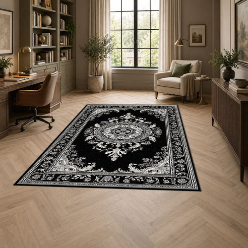 Black and White Damask Medallion printed area rug