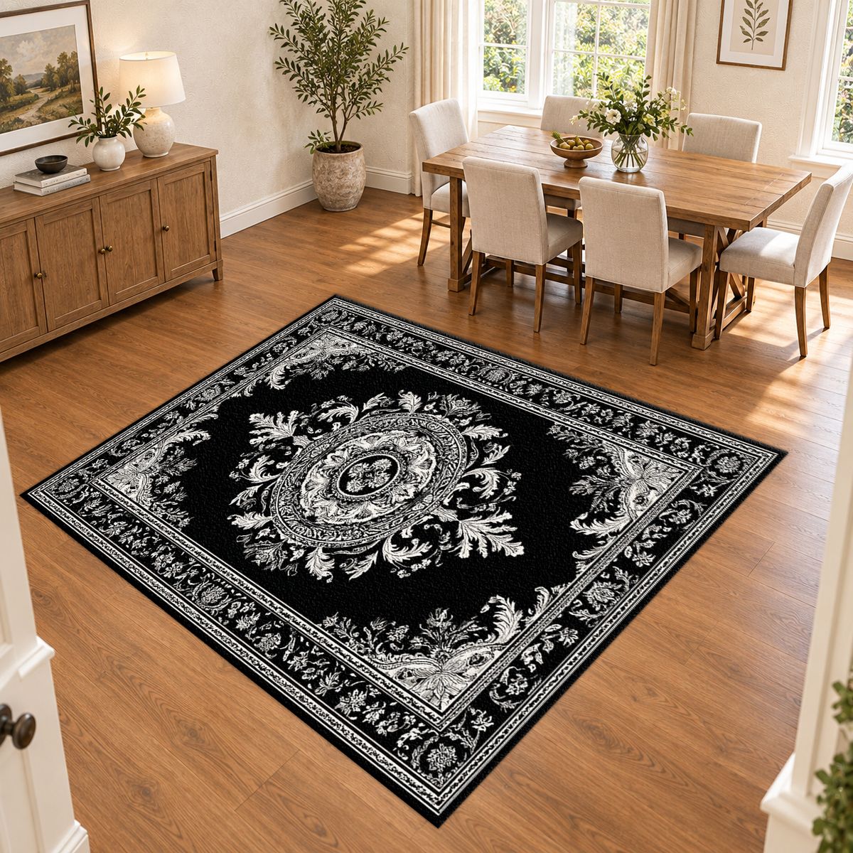 Black and White Damask Medallion printed area rug