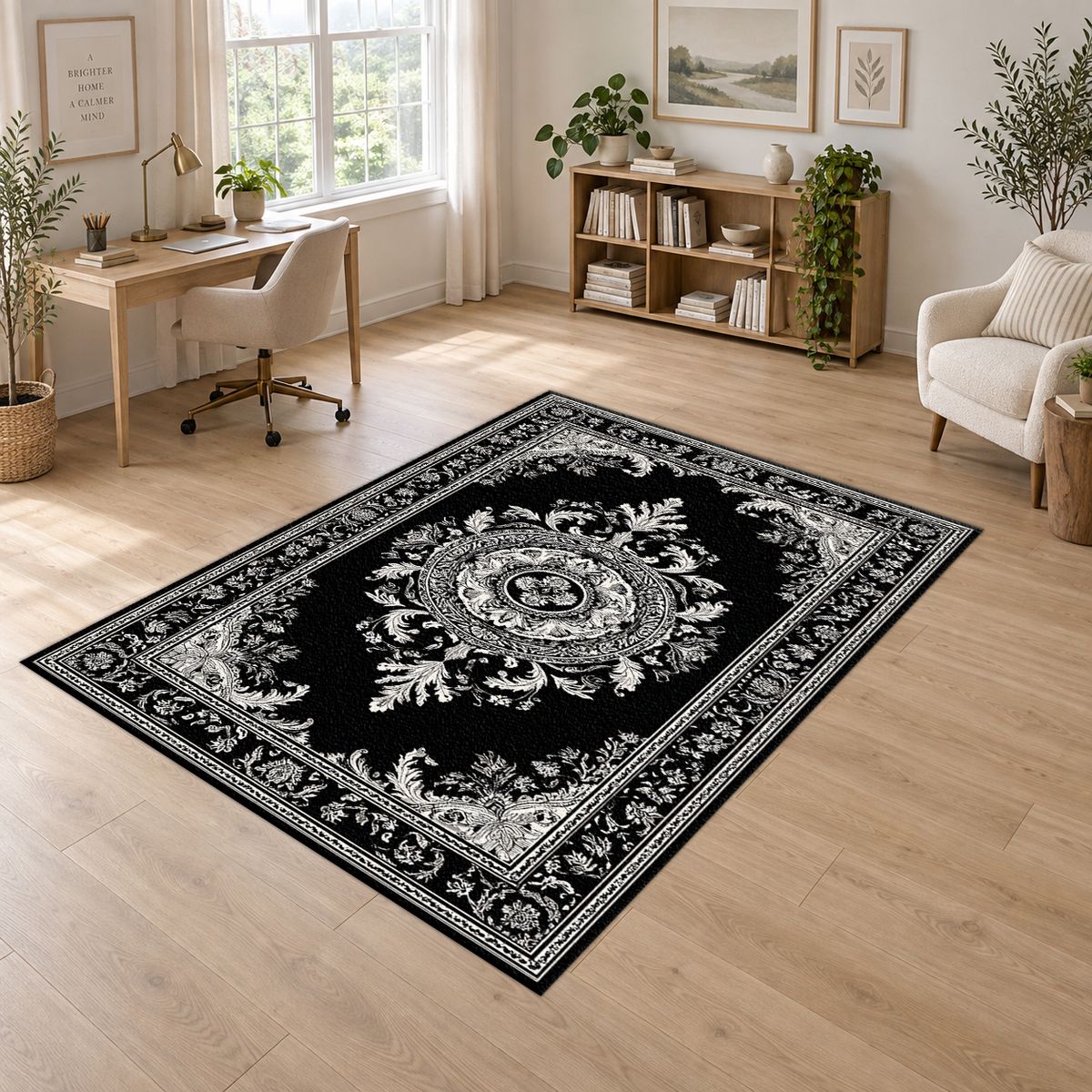 Black and White Damask Medallion printed area rug