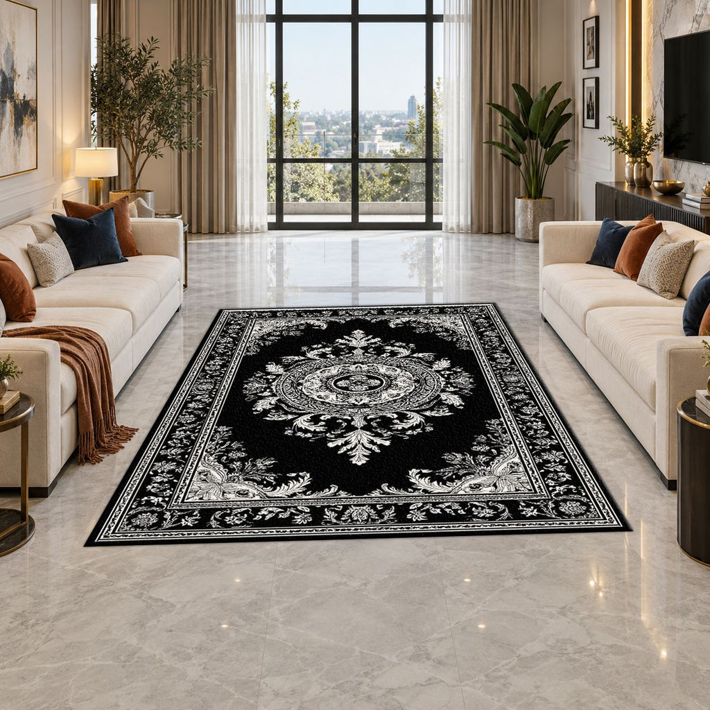 Black and White Damask Medallion printed area rug