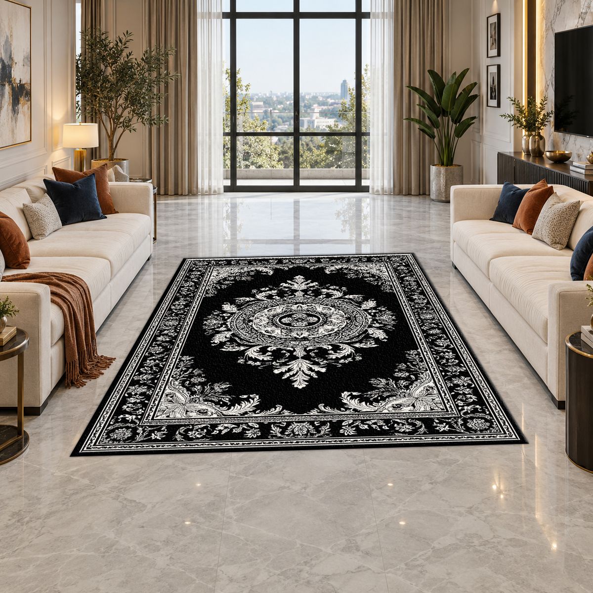 Black and White Damask Medallion printed area rug