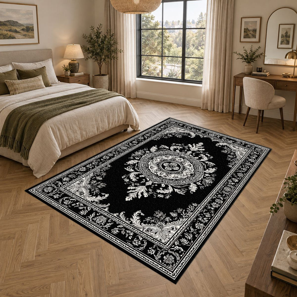 Black and White Damask Medallion printed area rug