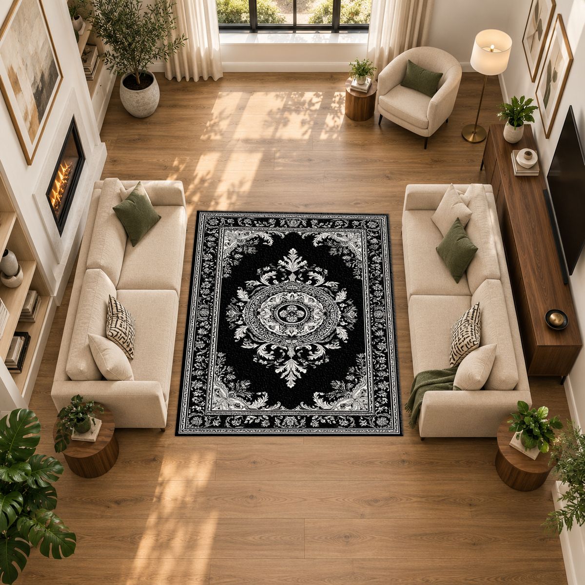 Black and White Damask Medallion printed area rug