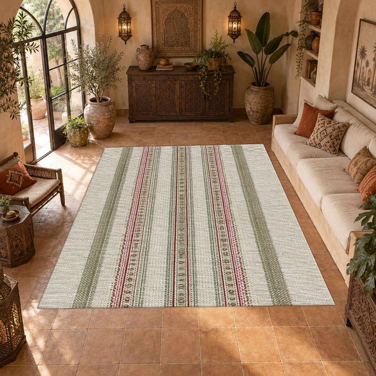 Sage and Beige Pinstripe printed area rug