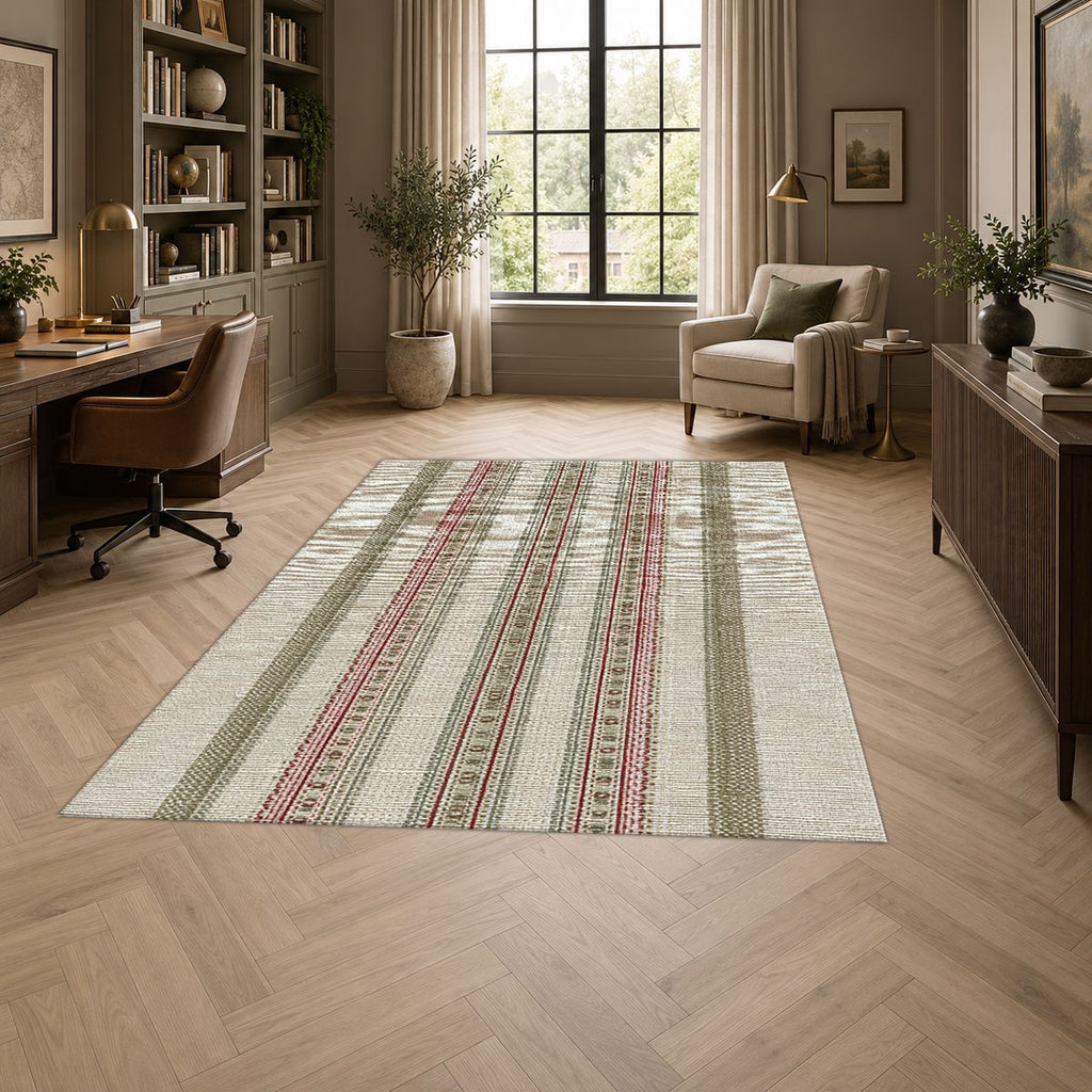 Sage and Beige Pinstripe printed area rug