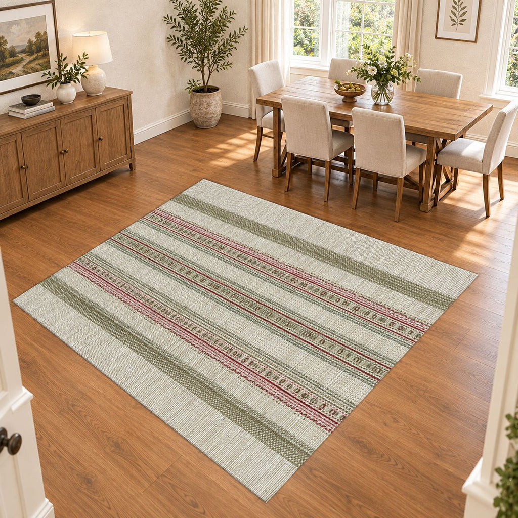 Sage and Beige Pinstripe printed area rug