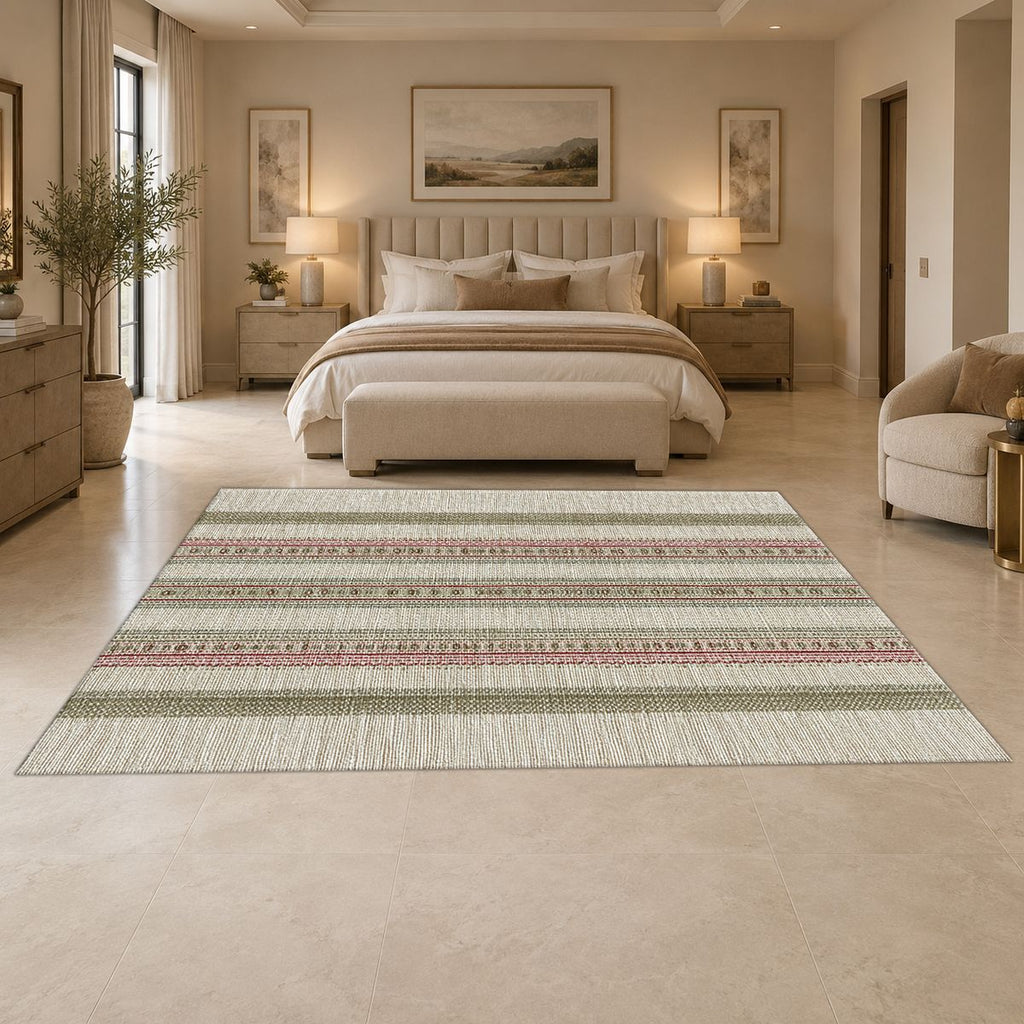 Sage and Beige Pinstripe printed area rug