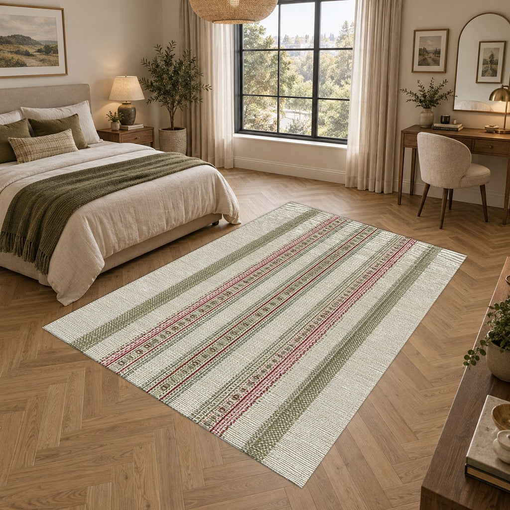 Sage and Beige Pinstripe printed area rug