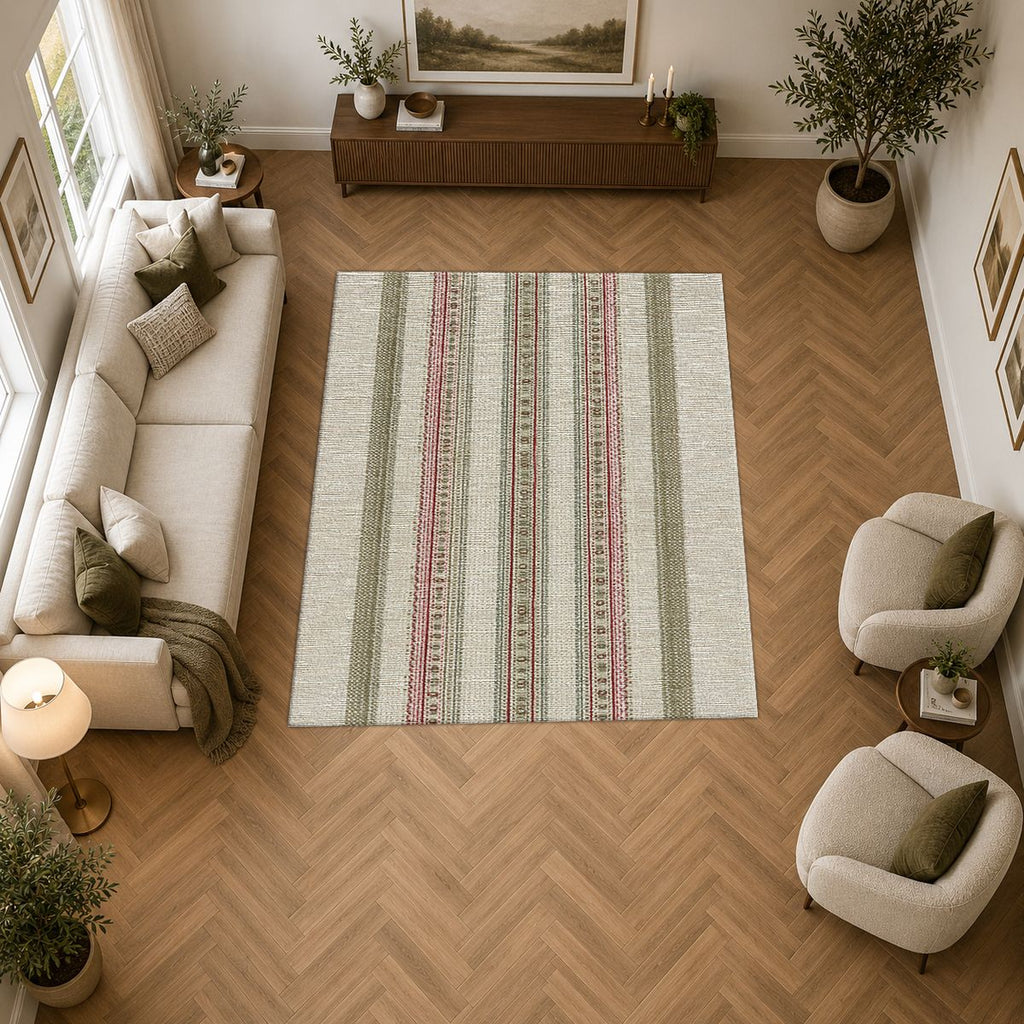 Sage and Beige Pinstripe printed area rug