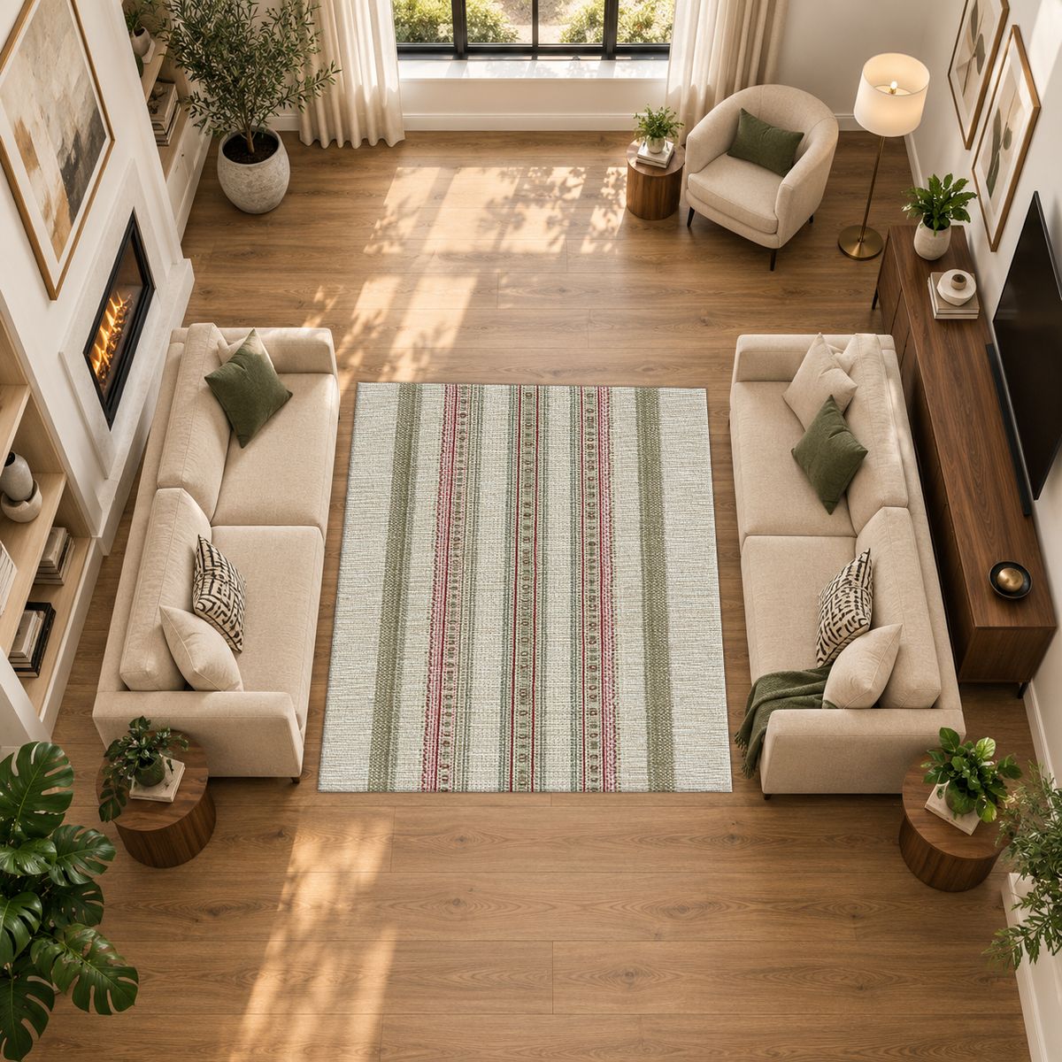 Sage and Beige Pinstripe printed area rug