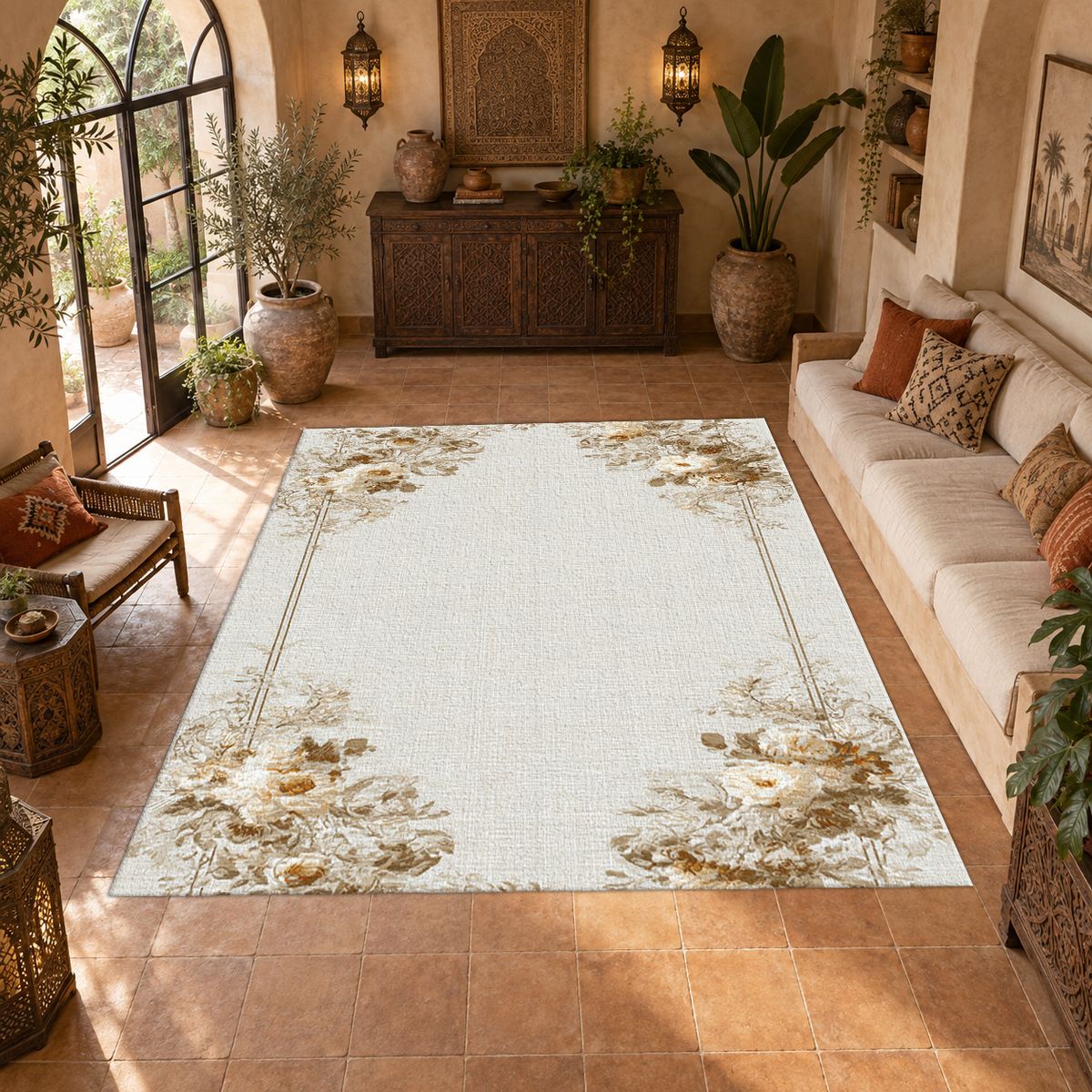 Ivory Floral Corner Minimalist printed area rug