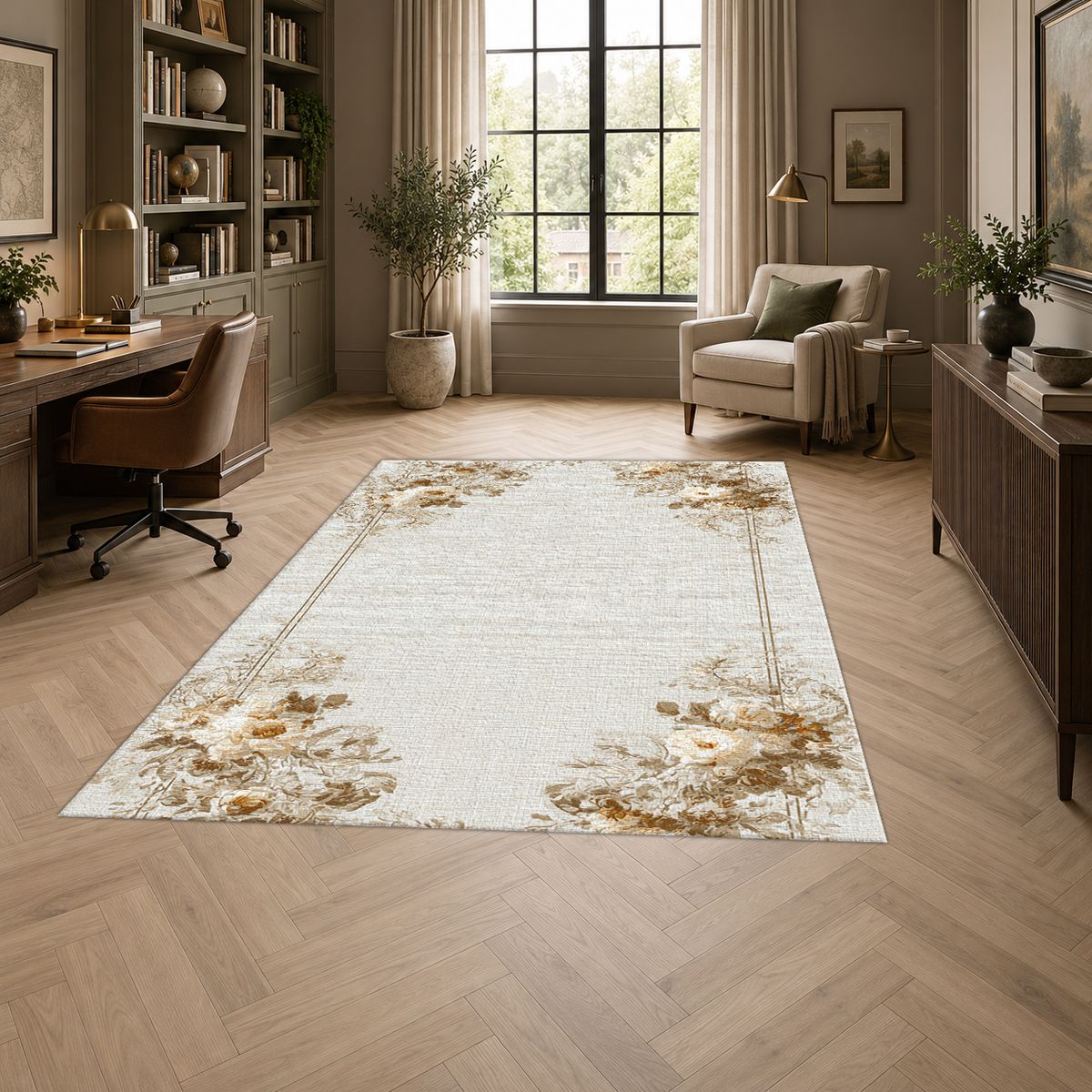 Ivory Floral Corner Minimalist printed area rug